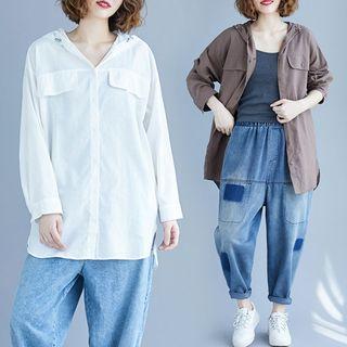 Plain Asymmetrical Long-sleeve Hooded Shirt