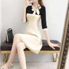 3/4-sleeve Two-tone Knit Mini A-line Dress