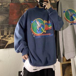 Unisex Mock-neck Loose-fit Printed Pullover