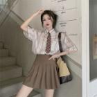 Short-sleeve Striped Shirt With Tie - Stripe - Brown - One Size