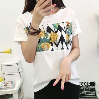 Floral Print Panel Lace Insert T-shirt