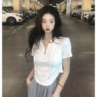 Short-sleeve Zip-up Rounded Hem Crop Polo Shirt