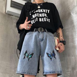 Butterfly Print Washed Denim Shorts