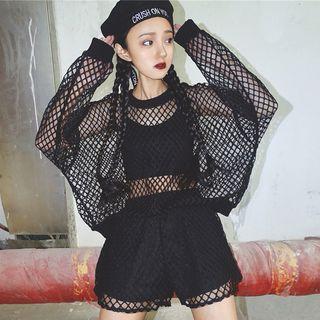 Set: Long-sleeve Mesh Top + Shorts