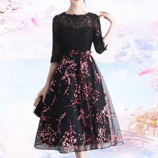 Elbow-sleeve Floral Embroidered A-line Lace Cocktail Dress