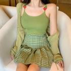 Open Front Cardigan / Ribbed Knit Camisole Top / Plaid Pleated Skirt