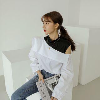Mock Two-piece Fold-over Blouse White - One Size