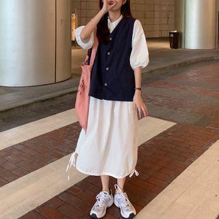 Oversized Puff-sleeve Dress / V-neck Single-breasted Vest