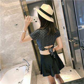 Set: Short-sleeve Print Swim Top + Plain Swim Skirt