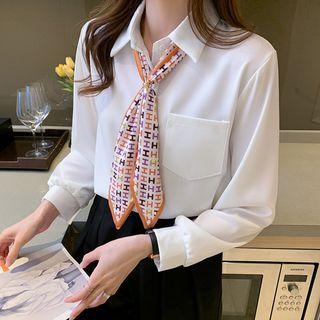 Long-sleeve Plain Blouse + Lettering Silk Scarf