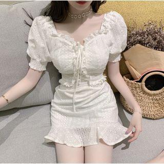 Ruffle Trim Eyelet Short-sleeve Mini Sheath Dress