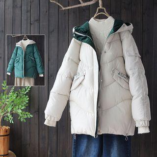 Lettering Buttoned Hooded Padded Coat