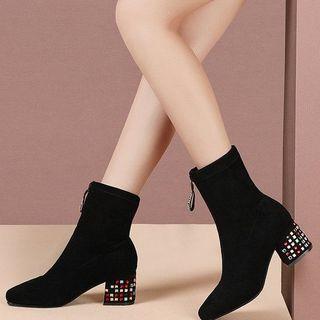 Square-toe Rhinestone Chunky Heel Short Boots