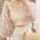 Sequined Cropped Camisole Top / Dotted Mesh Open Front Jacket