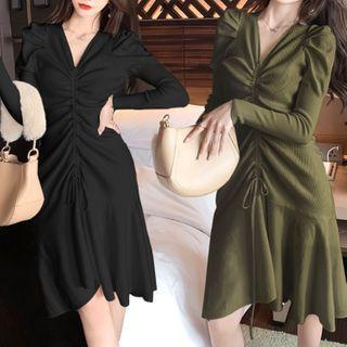 Long-sleeve Ruched Knit Midi Dress
