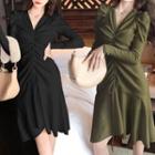 Long-sleeve Ruched Knit Midi Dress