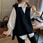 Striped Shirt / V-neck Swearer Vest / Set