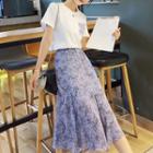 Set: Short-sleeve Printed T-shirt + Midi Floral Chiffon Skirt