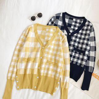 V-neck Gingham Long-sleeve Knit Cardigan
