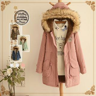 Furry Trim Patch Embroidered Hooded Parka