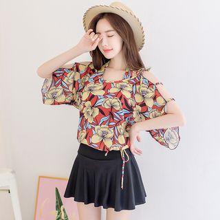 Set: Floral Bikini Top + Cover Up + Skirt