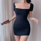 Plain Short-sleeve Square-neck Mini Bodycon Dress