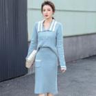 Set: Long-sleeve V-neck Knit Top + A-line Midi Skirt