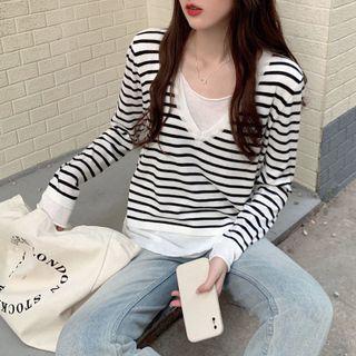 Mock Two-piece Striped Top Panel Shirt