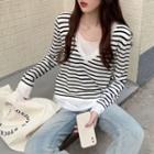 Mock Two-piece Striped Top Panel Shirt