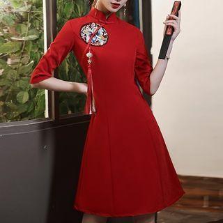 Elbow-sleeve Embroidered Tasseled A-line Dress