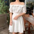Embroidered Ruffled Short-sleeve A-line Dress White - One Size