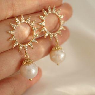 Rhinestone Sun Faux Pearl Earrings 1 Pair - Classic Earrings - S925 Silver - One Size