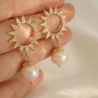 Rhinestone Sun Faux Pearl Earrings 1 Pair - Classic Earrings - S925 Silver - One Size