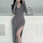 Long-sleeve Henley Bodycon Dress Gray - One Size