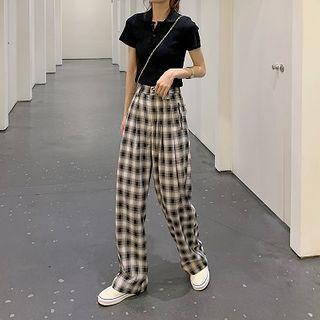 Plain Short-sleeve Cropped Polo Shirt / High-waist Plaid Straight-cut Pants