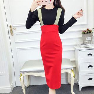 Color Panel Midi Suspender Skirt