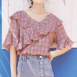 Elbow-sleeve Ruffled Plaid Top