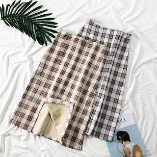 Faux-suede Plaid Midi Skirt