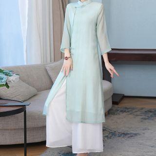Elbow-sleeve Long Top / Wide Leg Pants