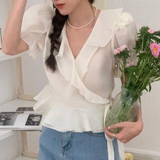 Bell-sleeve V-neck Ruffled Blouse Off-white - One Size