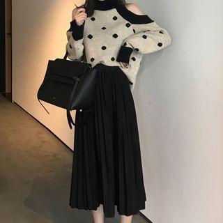 Polka Dot Cold-shoulder Sweater / Midi Accordion Pleated Skirt
