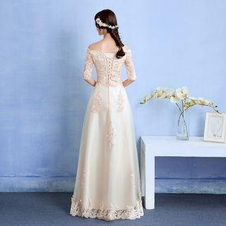 Off Shoulder Elbow Sleeve A-line Evening Gown