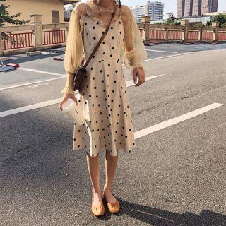 Set: Lace Blouse + Polka Dot Dress Almond - One Size