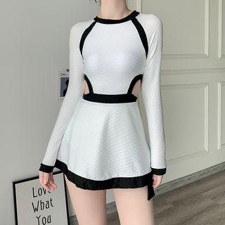 Set: Long-sleeve Two-tone Swimsuit + Skirt