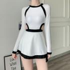 Set: Long-sleeve Two-tone Swimsuit + Skirt