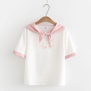 Short-sleeve Contrast Trim Embroidered T-shirt