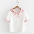Short-sleeve Contrast Trim Embroidered T-shirt