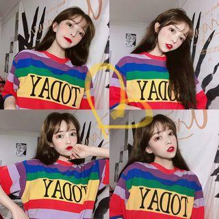 Lettering Elbow-sleeve T-shirt Multicolor - One Size