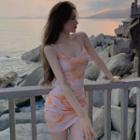 Spaghetti Strap Tie-dye Print Mini Bodycon Dress Tie Dyed - Orange - One Size