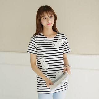 Floral-lace Appliqu  Striped T-shirt